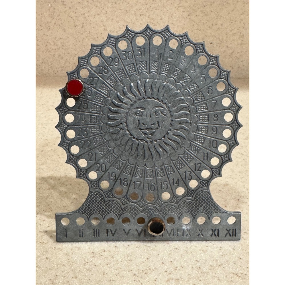 Vintage Celestial Sun Face Perpetual Desk Calendar Metal Silver Tone Boho Decor